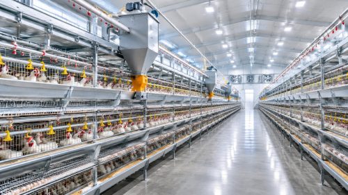 Modern poultry house interior with automatic battery cages, feeding lines, drinking nipples and manure belts