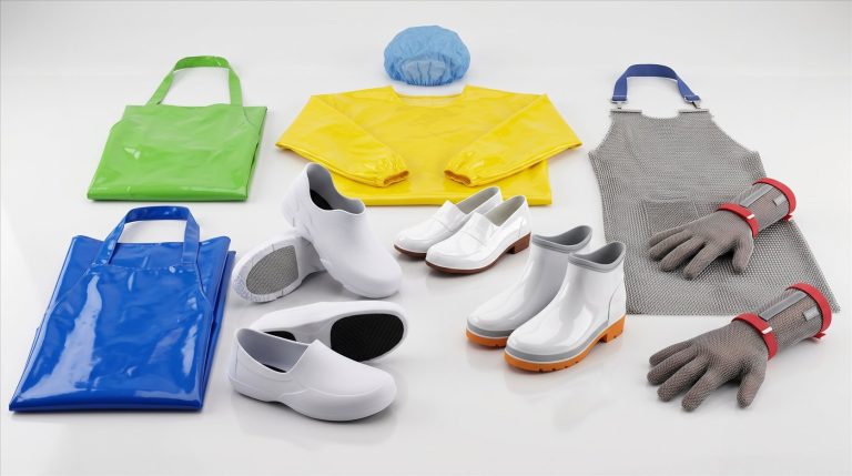 Flat lay of NPW food plant protective equipment - TPU aprons in green and blue, yellow smock gown, hygiene shoes, anti-slip boots, chainmail apron and gloves with tensioners