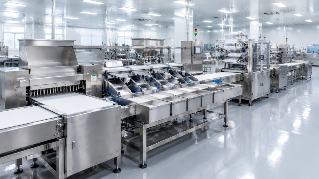 NPW food processing equipment line with cutting weighing and packaging machines in a white workshop