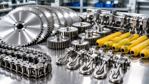 Stainless steel spare parts for slaughter and farming lines - chain wheels, sprockets, hooks, conveyor chains and yellow rollers