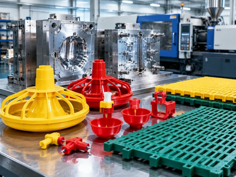 Injection moulds beside NPW-made plastic poultry equipment - feed pan, bell drinkers, nipple lines and slatted flooring