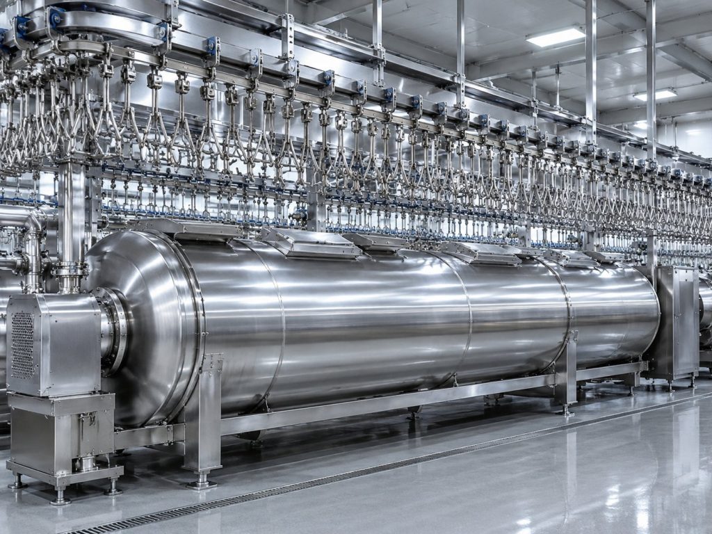 NPW stainless steel drum plucking machine with overhead shackle conveyor in a poultry slaughter line