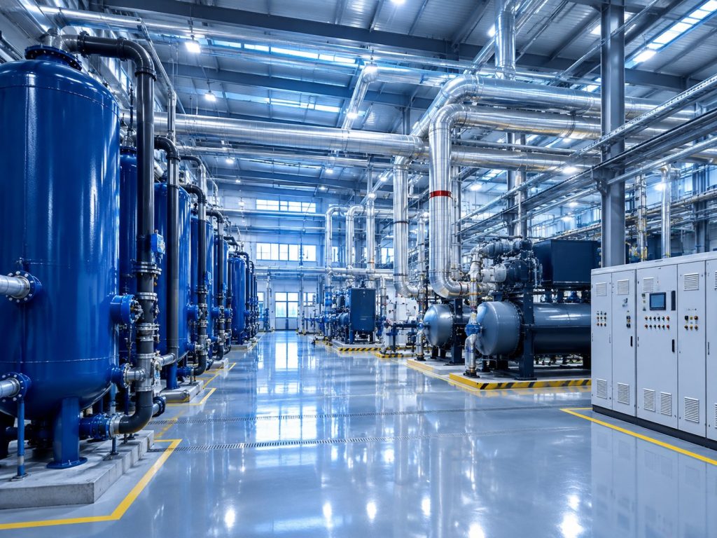 NPW water purification and utility systems plant room with blue pressure vessels and stainless steel piping