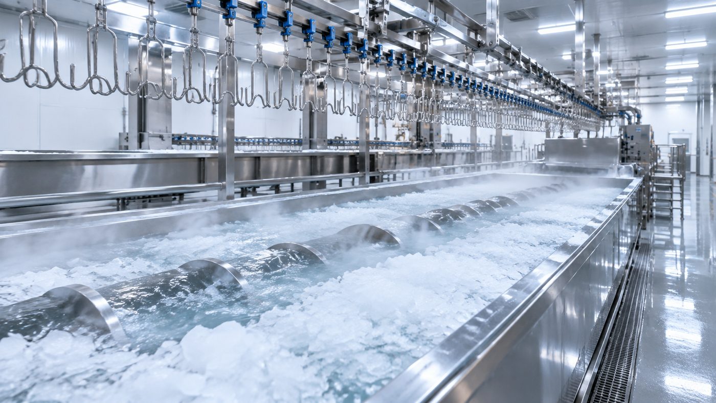 Poultry carcass pre-chilling tanks with flake ice supply at an NPW slaughterhouse installation