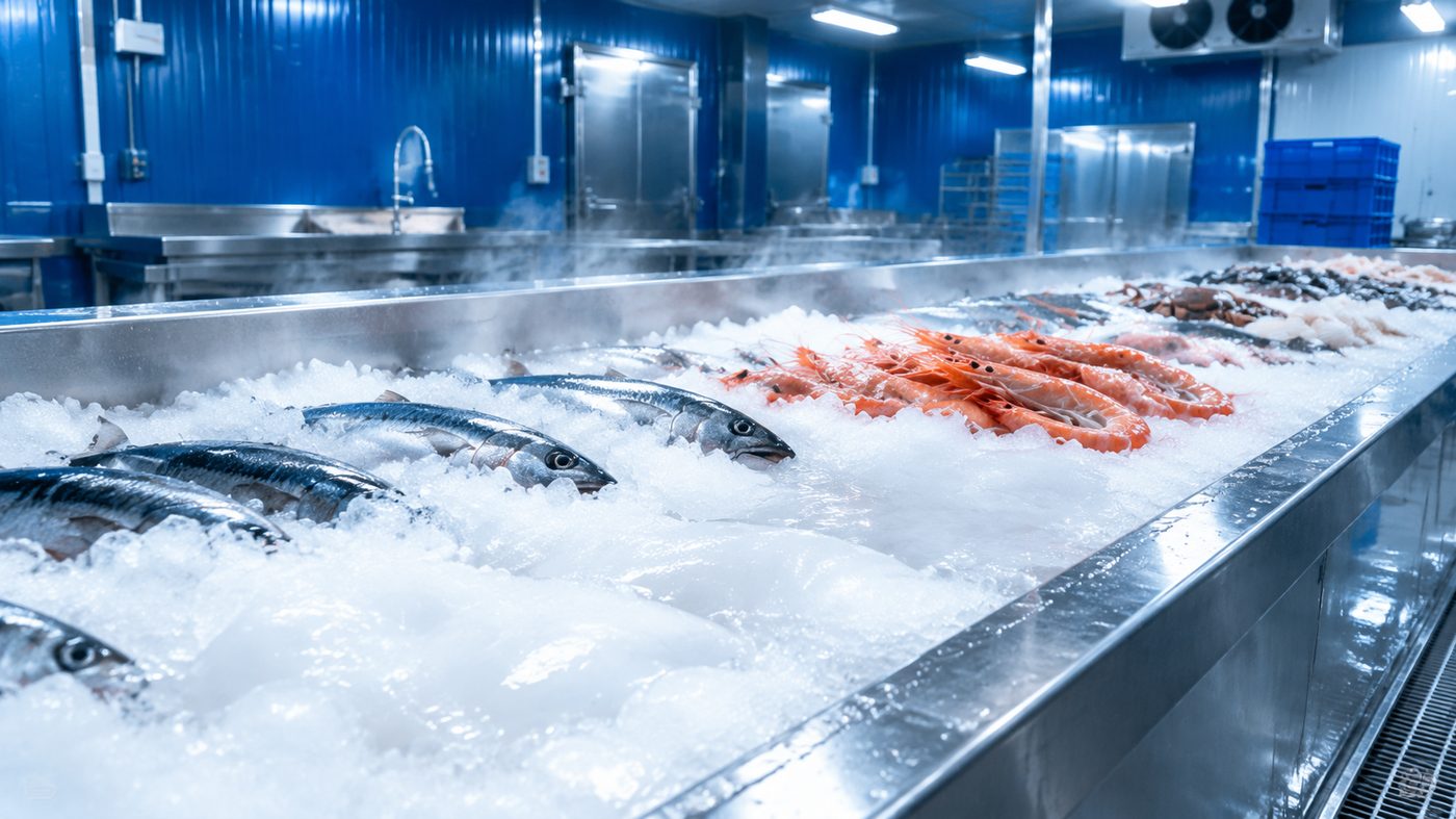 seafood processing ice machine — fresh fish and shrimp kept on flake ice
