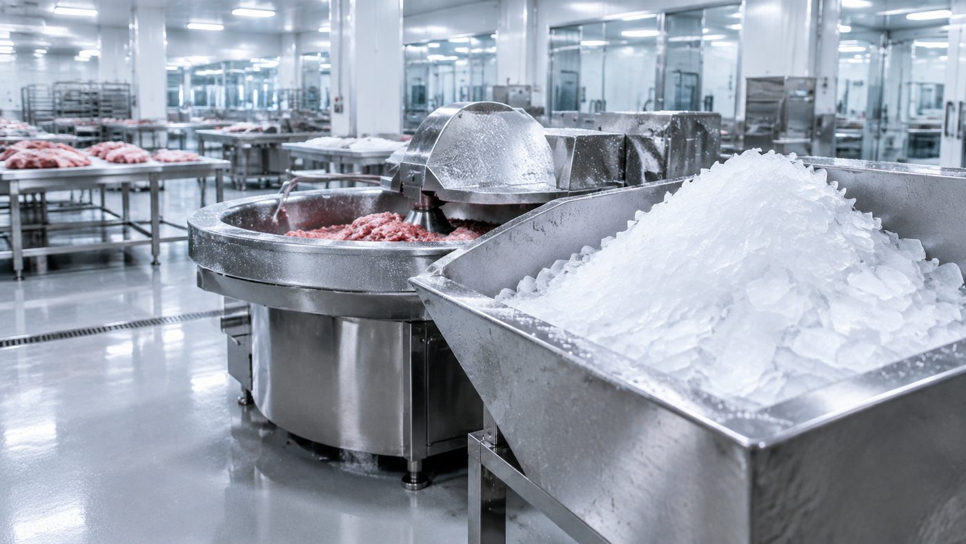 meat processing ice machine — mince cooling with food grade flake ice