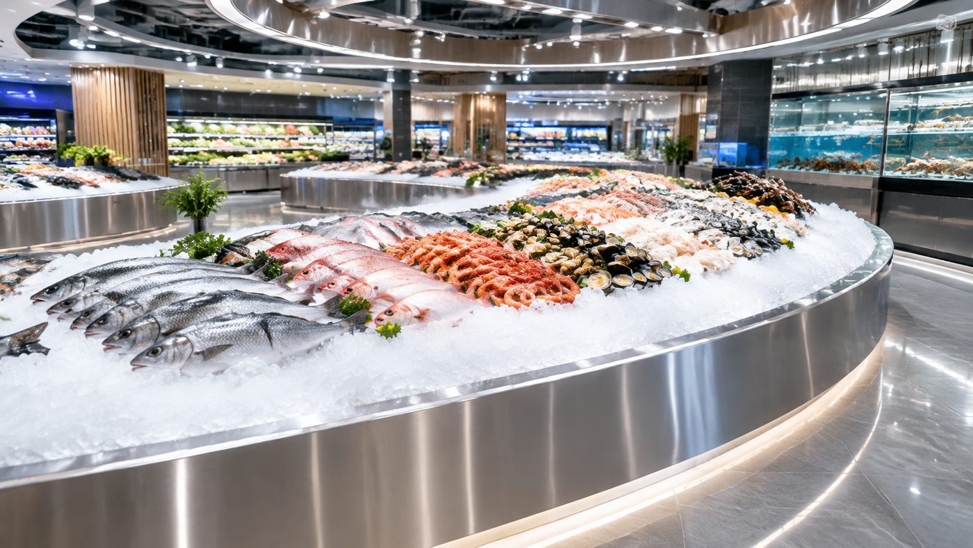 supermarket flake ice machine — fresh seafood display on ice in cold chain retail