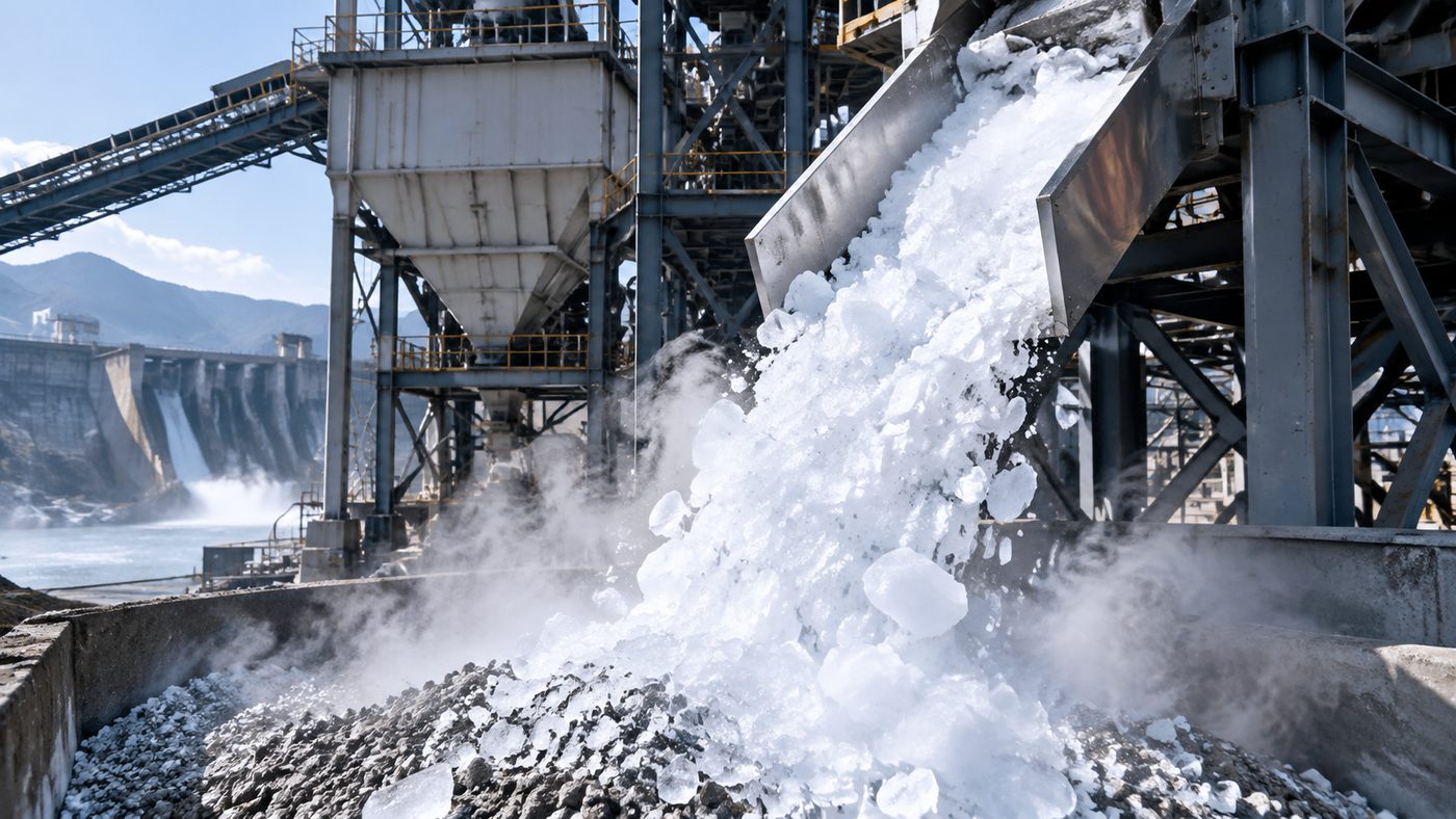 industrial ice machine for concrete cooling — flake and block ice for mass pour