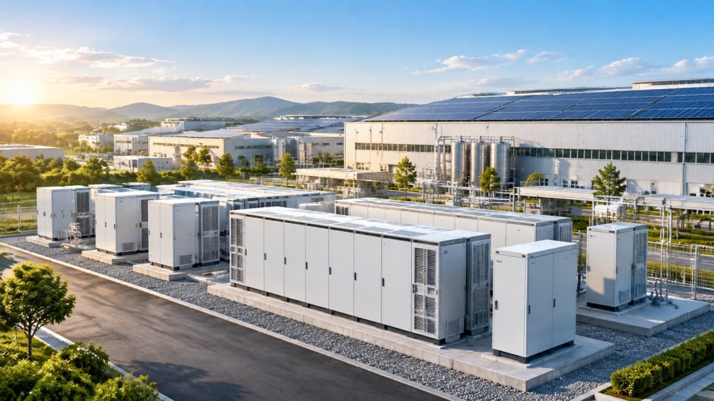 Industrial energy storage system with BESS battery cabinets at a factory site with solar panels - solar generation and battery storage solution