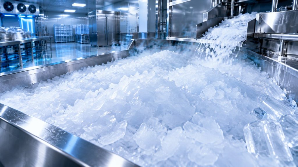 Industrial flake ice machine pouring fresh flake ice into a stainless steel screw conveyor in a food processing plant