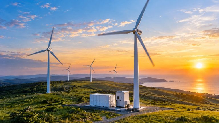 Wind turbines on green hills