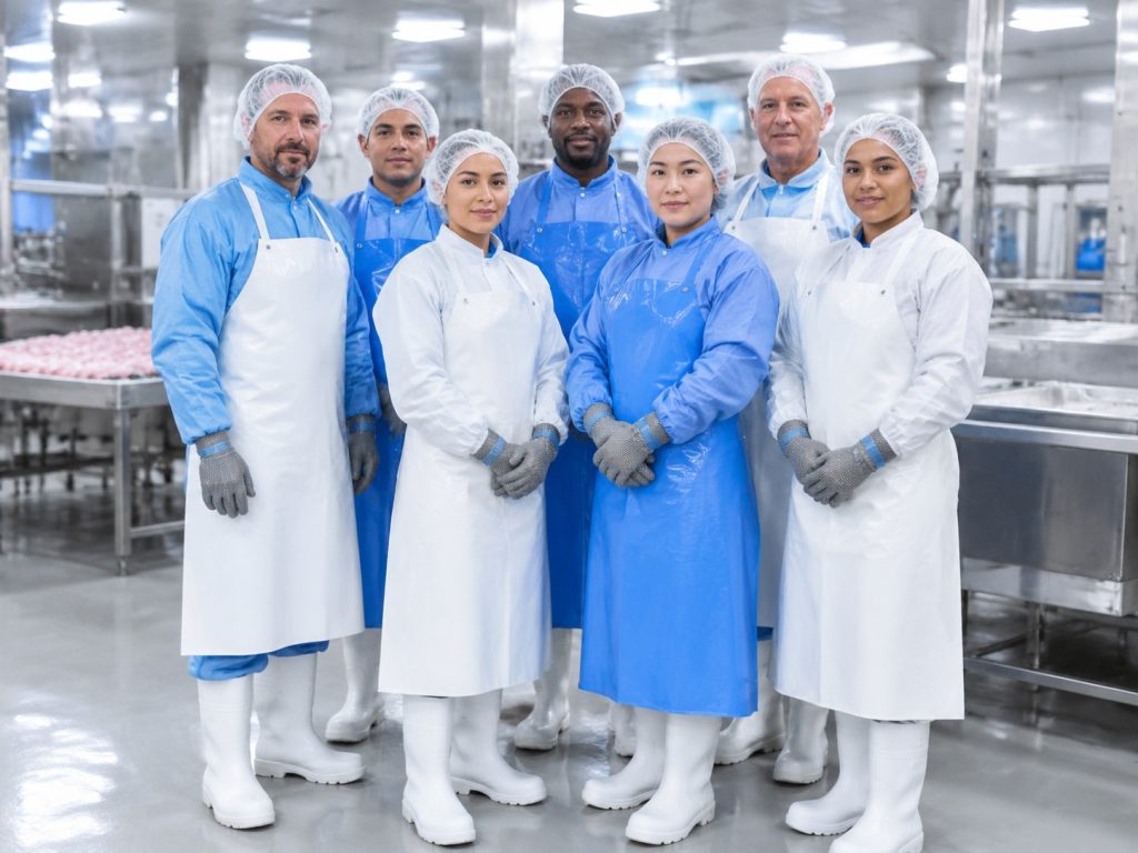 Group of slaughterhouse workers wearing NPW chainmail gloves, TPU aprons and white safety boots