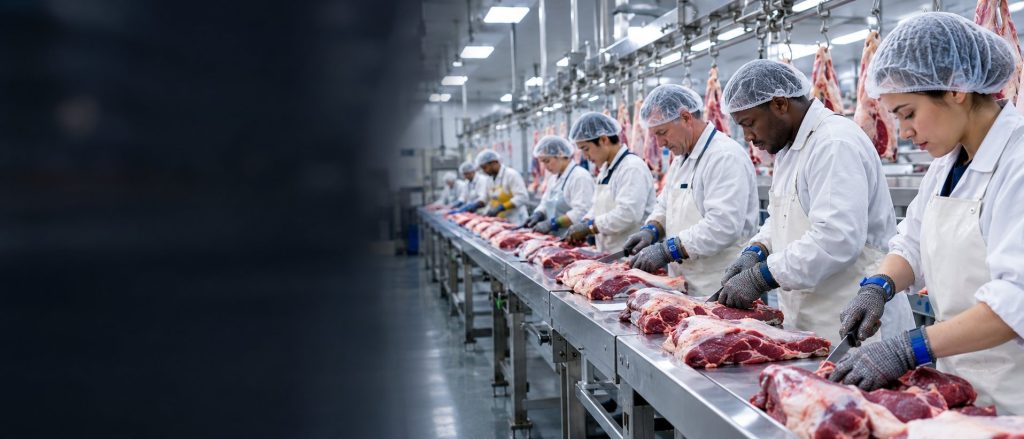 Boning line workers in chainmail gloves and white coats cutting carcasses along a stainless steel rail