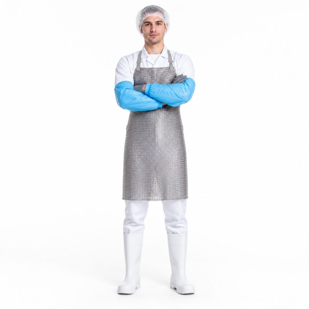 Worker wearing full NPW protective equipment: chainmail apron, cut-resistant gloves and white safety boots