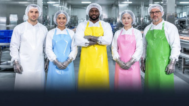 Five workers wearing TPU waterproof aprons in white, blue, yellow, pink and green with chainmail gloves