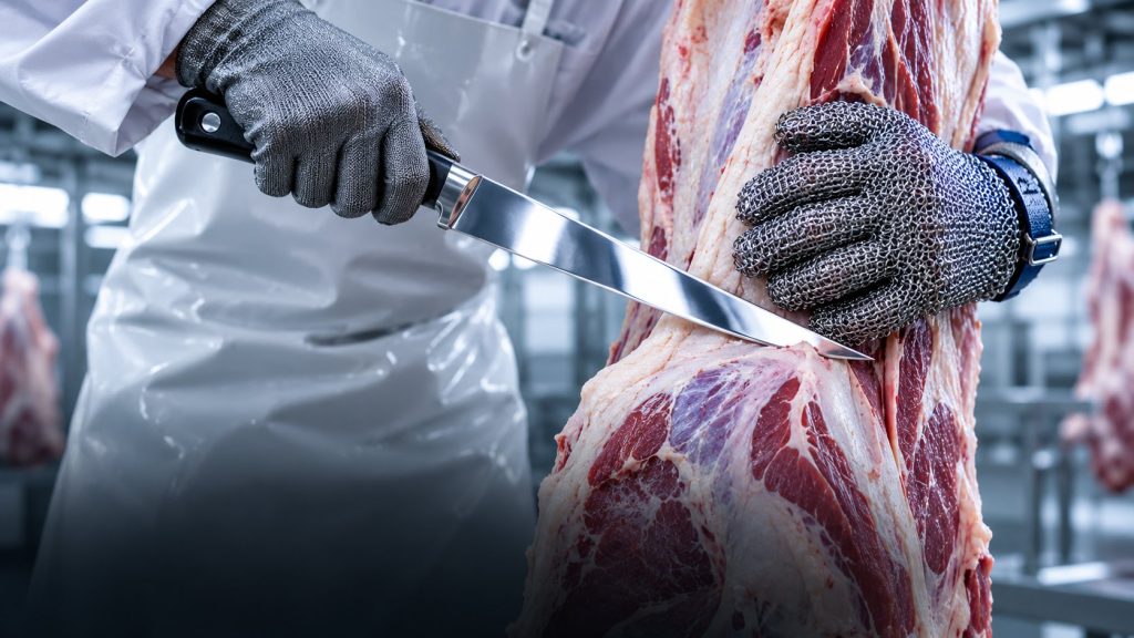 Butcher breaking a beef primal with an NPW slaughter knife
