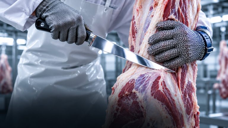 Worker cutting a hanging beef primal with an NPW slaughter knife while wearing a 316L chainmail glove