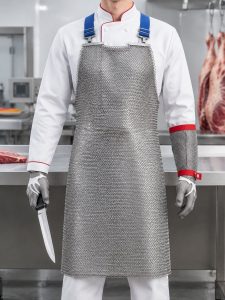 Butcher wearing a 316L stainless steel chainmail apron with TPU shoulder straps
