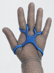 Food grade TPU chainmail glove tightener fitted over a chainmail glove