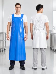 Two workers showing the front of a blue TPU waterproof apron and the back of a white TPU apron with cross-back straps