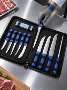 Nine piece slaughter knife set in a roll bag with sharpening steel and whetstone, chainmail gloved hand lifting one knife