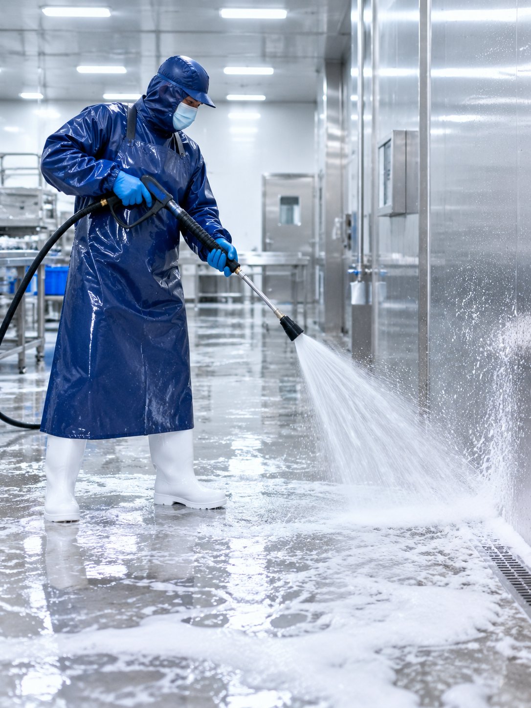 High-pressure foam cleaning and wash-down in food processing workshop