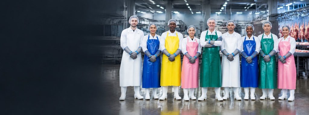 Ten food plant workers lined up wearing NPW TPU aprons in white, blue, yellow, pink and green with chainmail gloves and white safety boots
