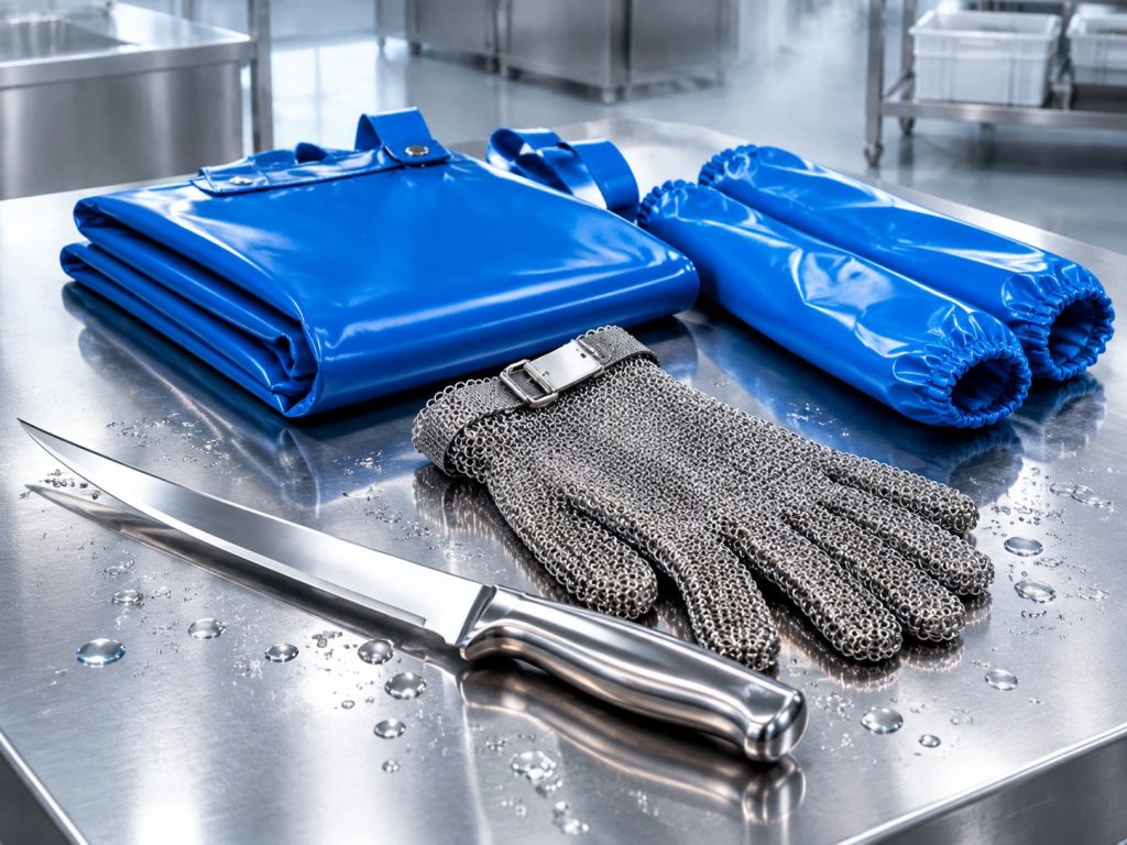 Blue TPU waterproof apron and sleeves with stainless steel chainmail glove and boning knife on a steel table - protection cutting and hygiene solutions kit
