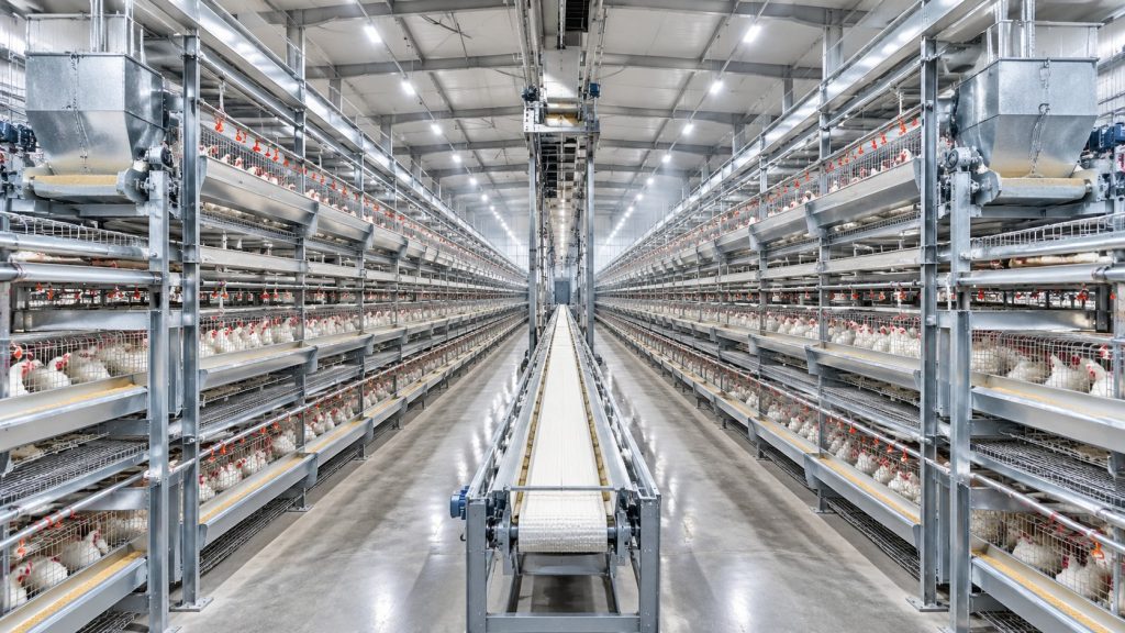 Modern broiler cage house with automated H-frame battery cage feeding and drinking lines