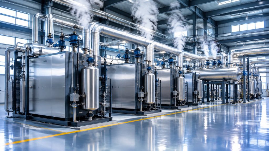 Industrial steam boiler room with steam generators, insulated steam pipes and pressure vessels releasing steam
