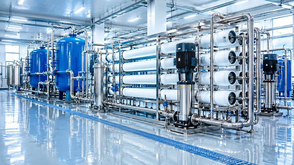 Industrial reverse osmosis water purification system with blue pressure tanks and membrane housings in a white plant room
