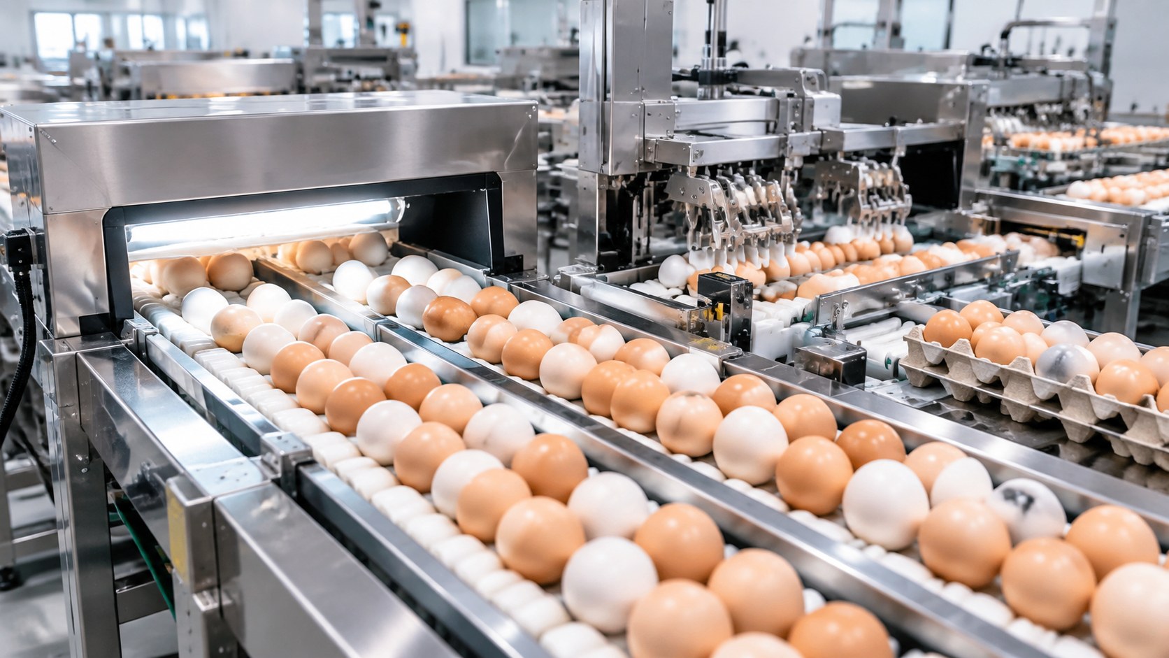 Automatic egg sorting and grading line with eggs on roller conveyor