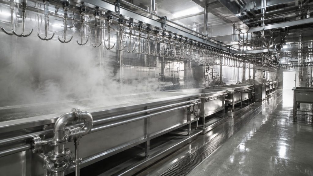 Steam and washdown inside a hygienic slaughter workshop