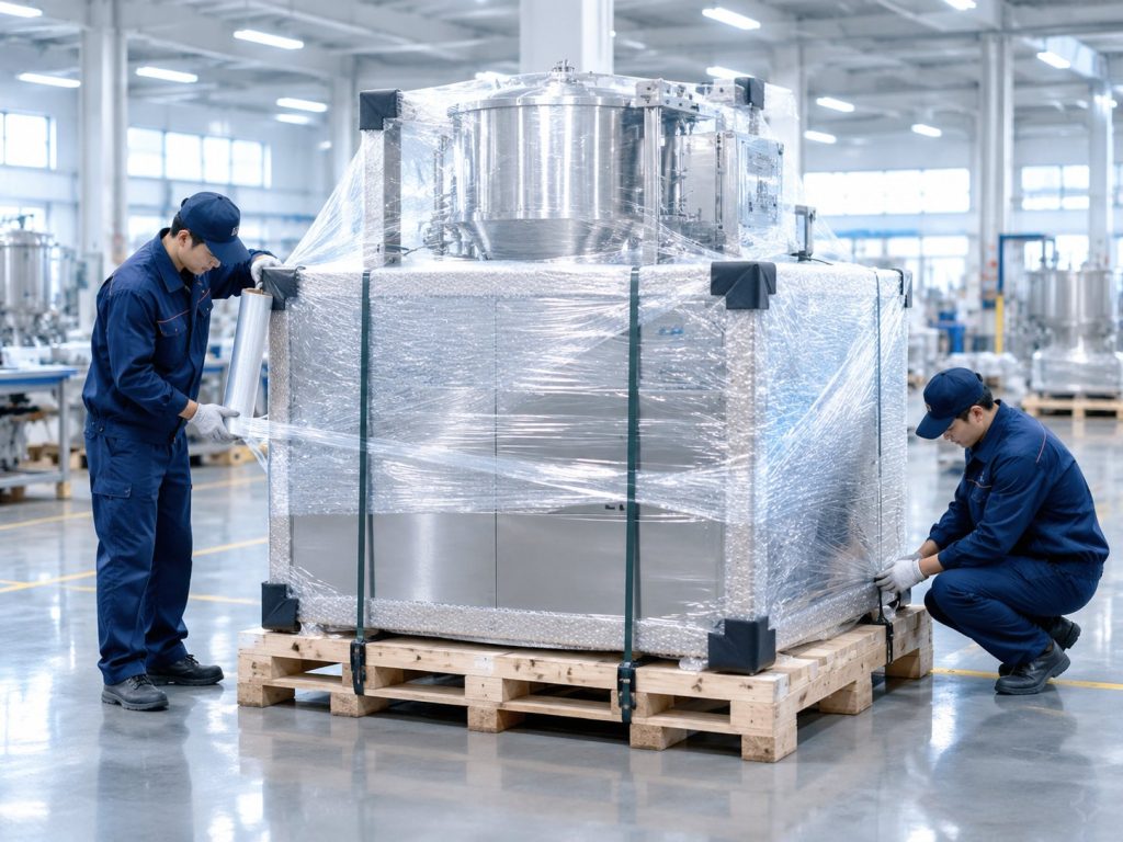 NPW workers wrapping stainless steel equipment with protective film and wooden crate packaging before shipment
