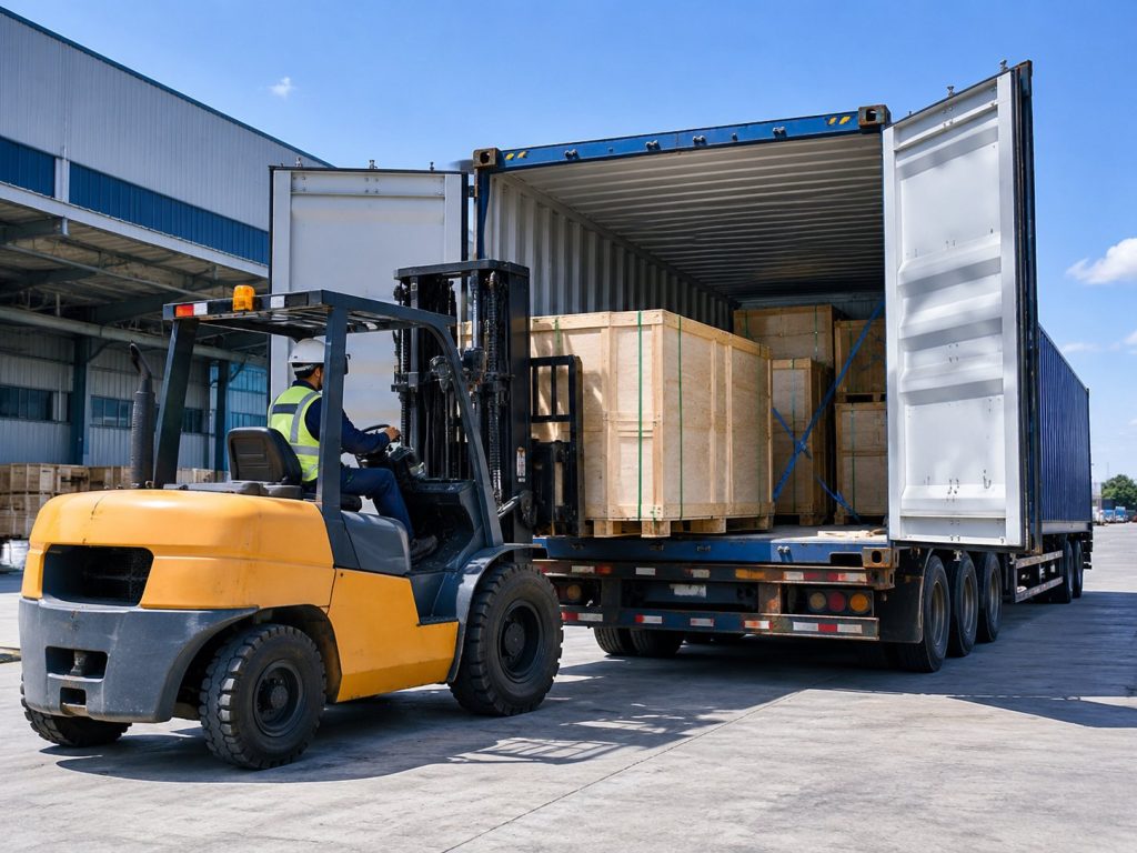 Forklift loading wooden crates with NPW equipment into a shipping container at the factory yard