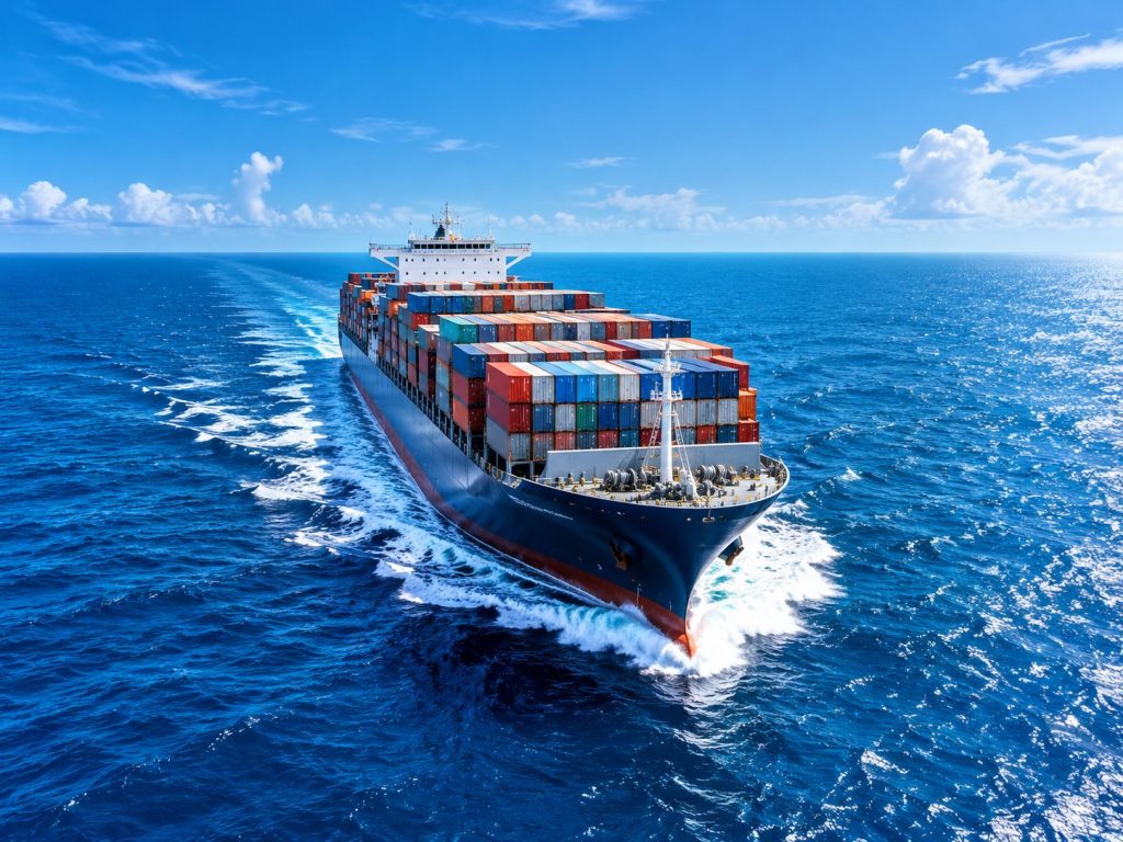 Container ship carrying NPW equipment across the ocean for global delivery