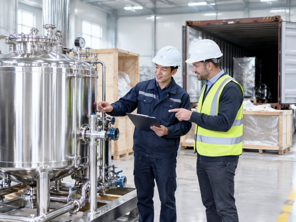NPW engineer and client checking equipment with a checklist at the factory delivery site