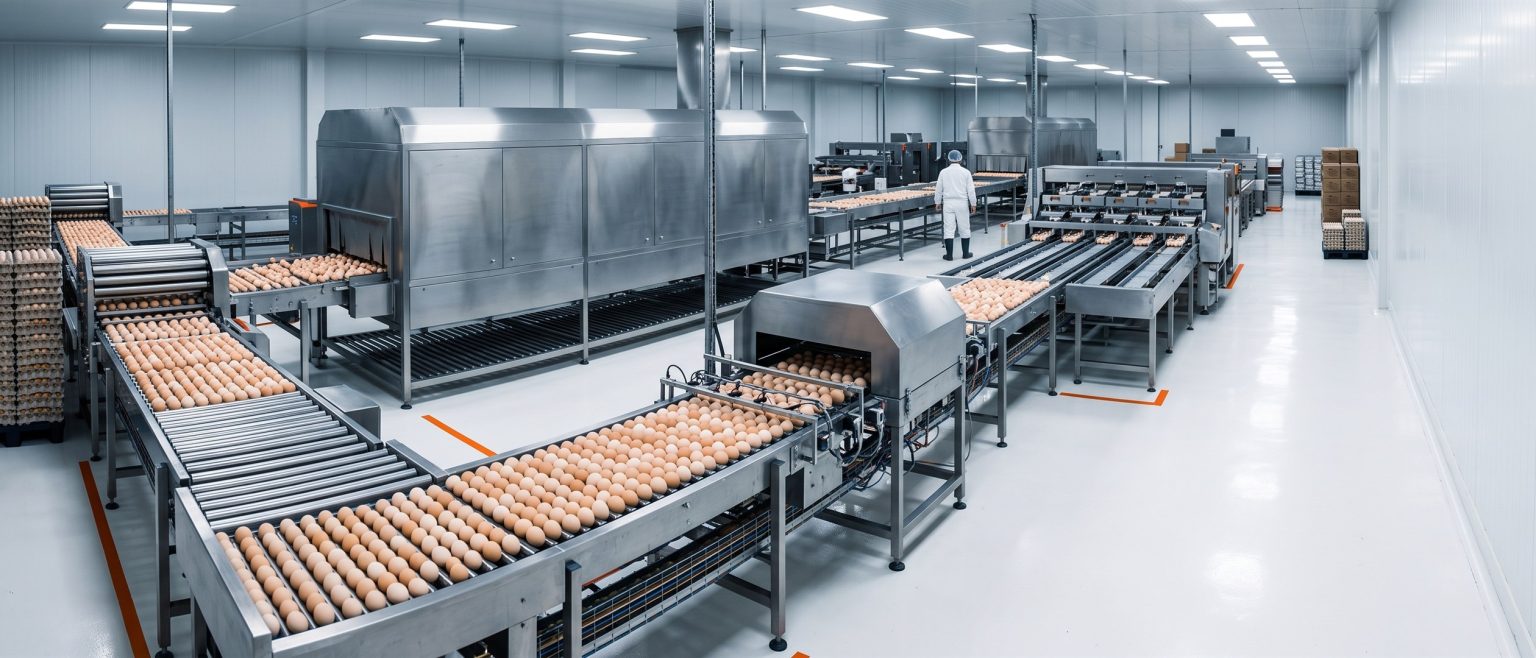 Complete egg sorting line with egg loading and washing, drying and candling, weight grading and carton packing in a bright white cleanroom