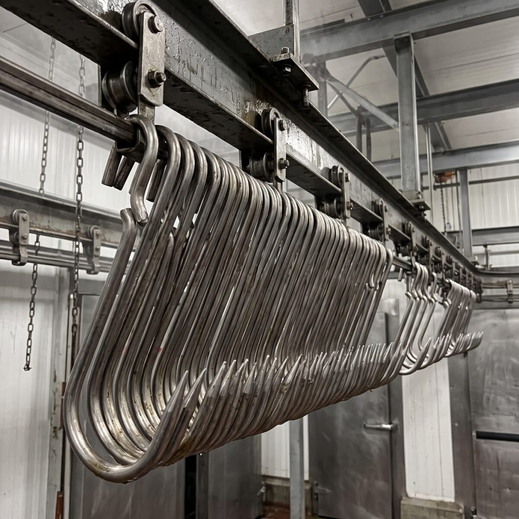 Stainless steel carcass hooks racked in a row on an overhead slaughter rail with dual-track pulley carriers, at the dispatch end of the line