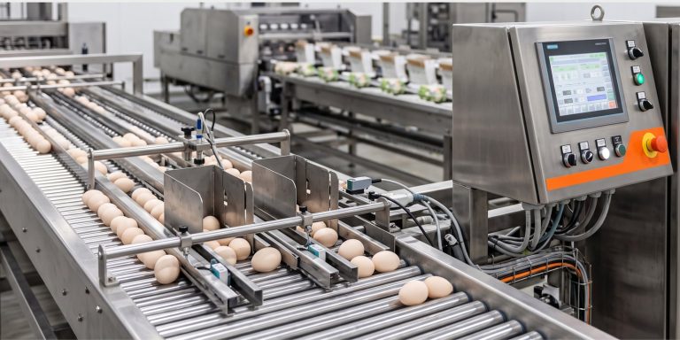 Automated egg grading and washing line with stainless rollers, sensor and touch-screen control, engineered to plant capacity