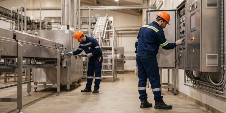 NPW engineer commissioning stainless poultry processing equipment on site with local operators