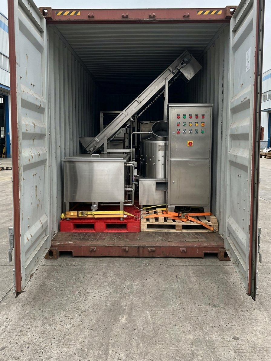 Complete compact poultry scalding and plucking line loaded inside an open 40HQ shipping container on red and wooden pallets with lashing straps