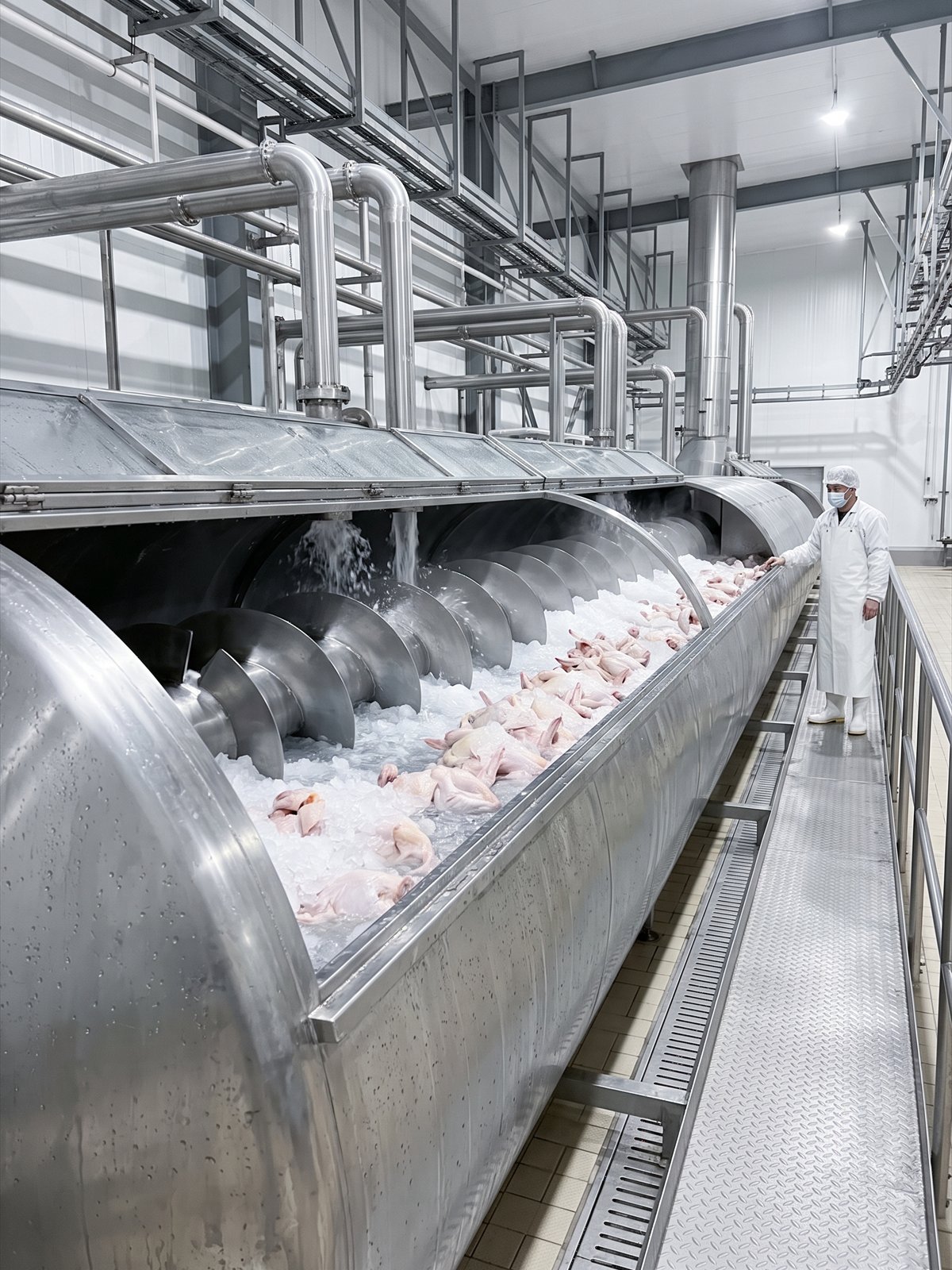 Poultry carcasses moving through a stainless screw spin chiller filled with flake ice while steam rises, with an operator in white coat, hairnet and mask on the platform