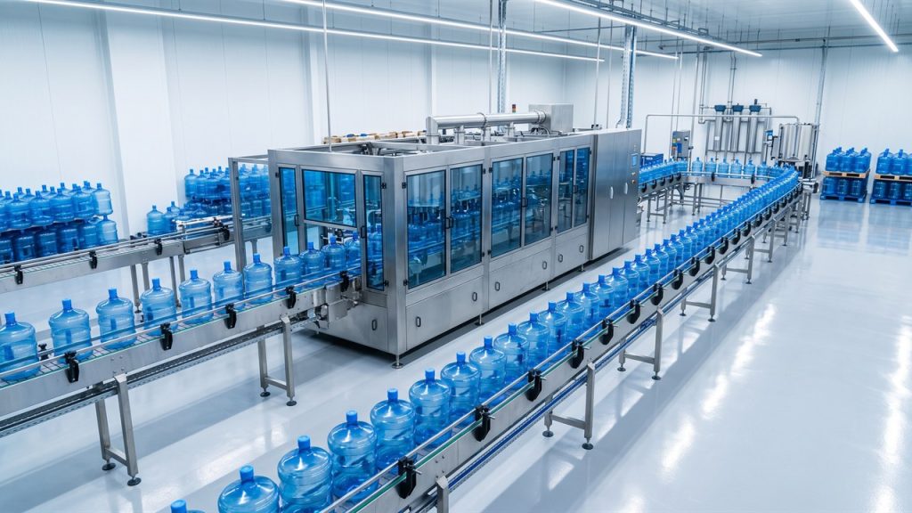 Barrel water bottling line with rinsing filling capping machine and five gallon bottles on stainless conveyors