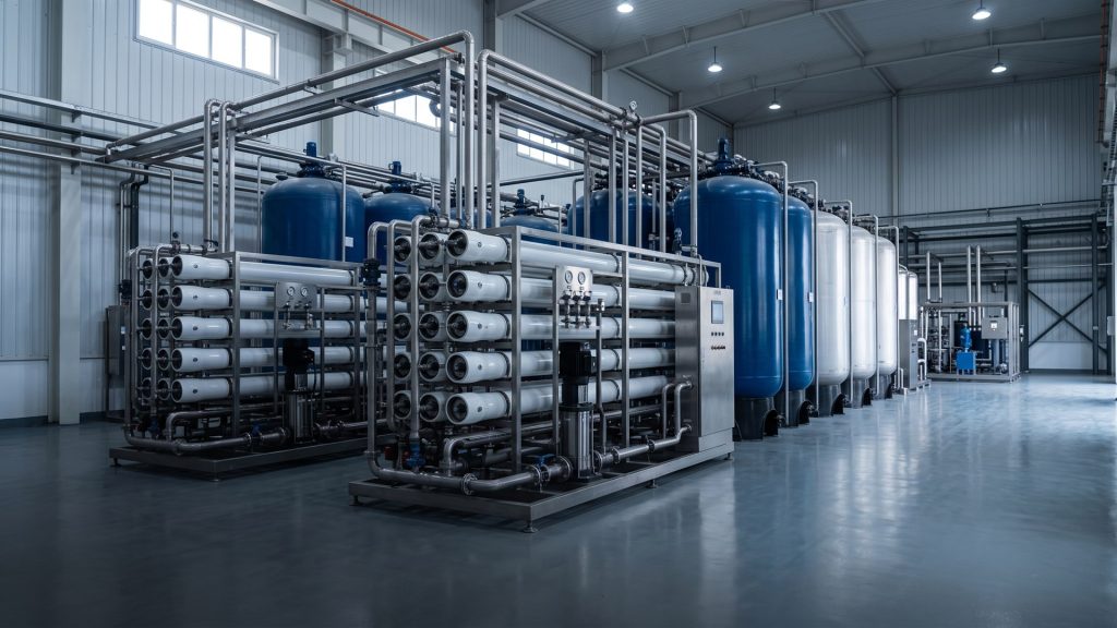 Industrial boiler feed water treatment plant with softener tanks, stainless reverse osmosis skid and control panel