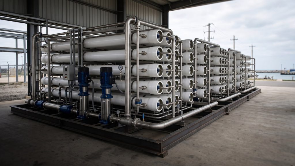 Containerised SWRO seawater desalination skid with rows of white membrane vessels, high pressure pumps and stainless piping