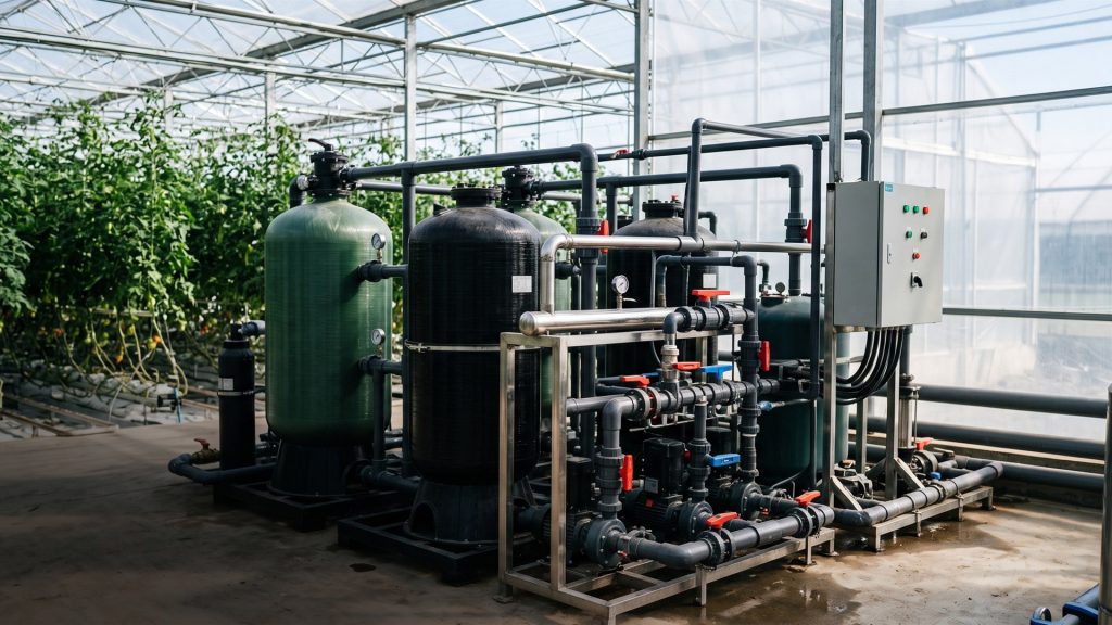 Greenhouse irrigation head unit with sand and disc filter tanks, fertigation dosing skid, valves and control panel