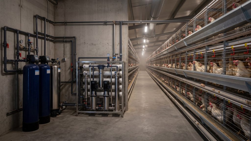 Water treatment skid with softener tanks and reverse osmosis unit beside a modern layer hen house with nipple drinking lines